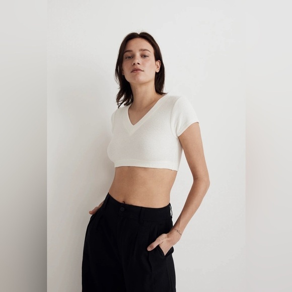 NEW Madewell V-Neck Waffle Crop Short-Sleeve Tee in Lighthouse Sz M - Picture 1 of 13